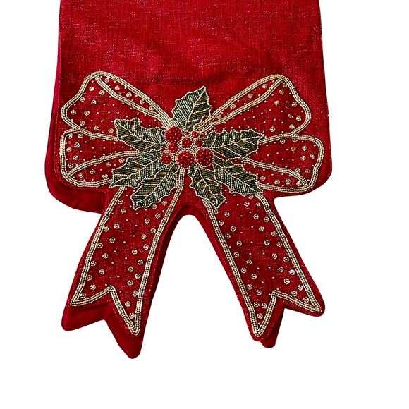 TAHARI Beaded Bow Table Runner 16x90 Christmas Holiday Red Holly Berry New - Picture 3 of 12